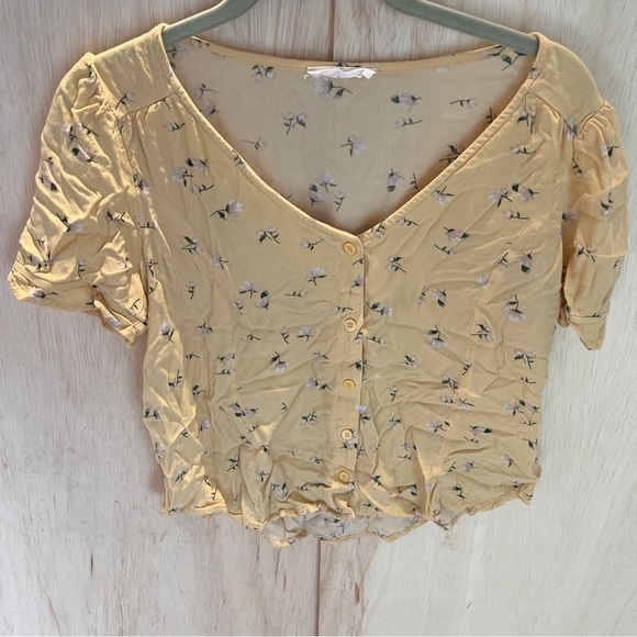 Elodie yellow Floral Short Sleeve shirt Peasant Button Top Size L - Picture 1 of 6